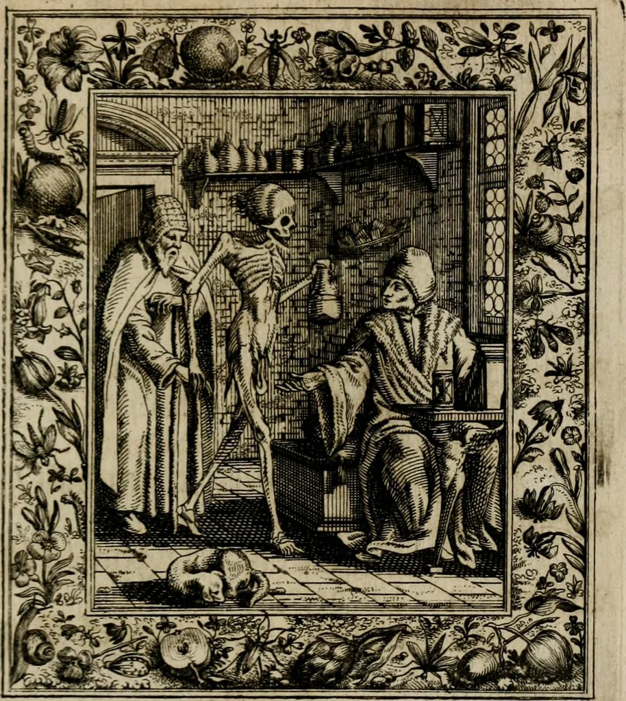 An illustration from Theatrum mortis humanæ tripartitum. I. Pars. Saltum mortis. II. Pars. Varia genera mortis. III. Pars. Pnas damnatorum continens. Figuris æneis illustratum, das ist, Schau-Bühne desz menschlichen Todts in drey Theil. 1. Theil. Der Toden Tantz. 2. Theil. Underschidliche Todts-Gattungen. 3. Theil. Der Verdambten Höllen-Peyn, vorstellend. Mit Schönen Kupffer-Stichen geziehrt vnd an Tag gegeben. Durch Joannem Weichardum Valvasor.., 1682, leaf 74