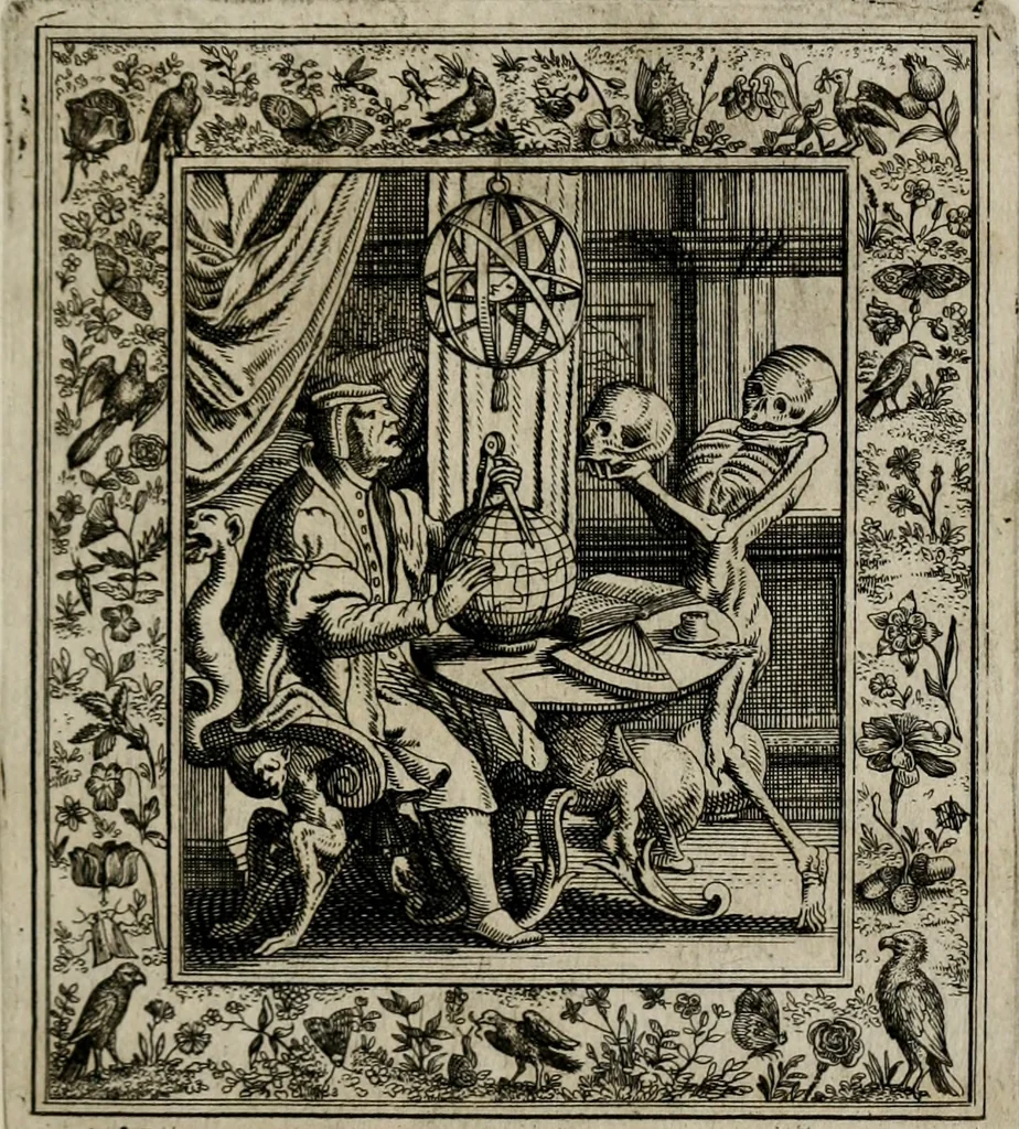 An illustration from Theatrum mortis humanæ tripartitum. I. Pars. Saltum mortis. II. Pars. Varia genera mortis. III. Pars. Pnas damnatorum continens. Figuris æneis illustratum, das ist, Schau-Bühne desz menschlichen Todts in drey Theil. 1. Theil. Der Toden Tantz. 2. Theil. Underschidliche Todts-Gattungen. 3. Theil. Der Verdambten Höllen-Peyn, vorstellend. Mit Schönen Kupffer-Stichen geziehrt vnd an Tag gegeben. Durch Joannem Weichardum Valvasor.., 1682, leaf 76