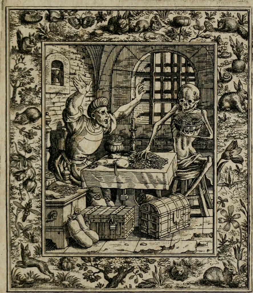 An illustration from Theatrum mortis humanæ tripartitum. I. Pars. Saltum mortis. II. Pars. Varia genera mortis. III. Pars. Pnas damnatorum continens. Figuris æneis illustratum, das ist, Schau-Bühne desz menschlichen Todts in drey Theil. 1. Theil. Der Toden Tantz. 2. Theil. Underschidliche Todts-Gattungen. 3. Theil. Der Verdambten Höllen-Peyn, vorstellend. Mit Schönen Kupffer-Stichen geziehrt vnd an Tag gegeben. Durch Joannem Weichardum Valvasor.., 1682, leaf 78