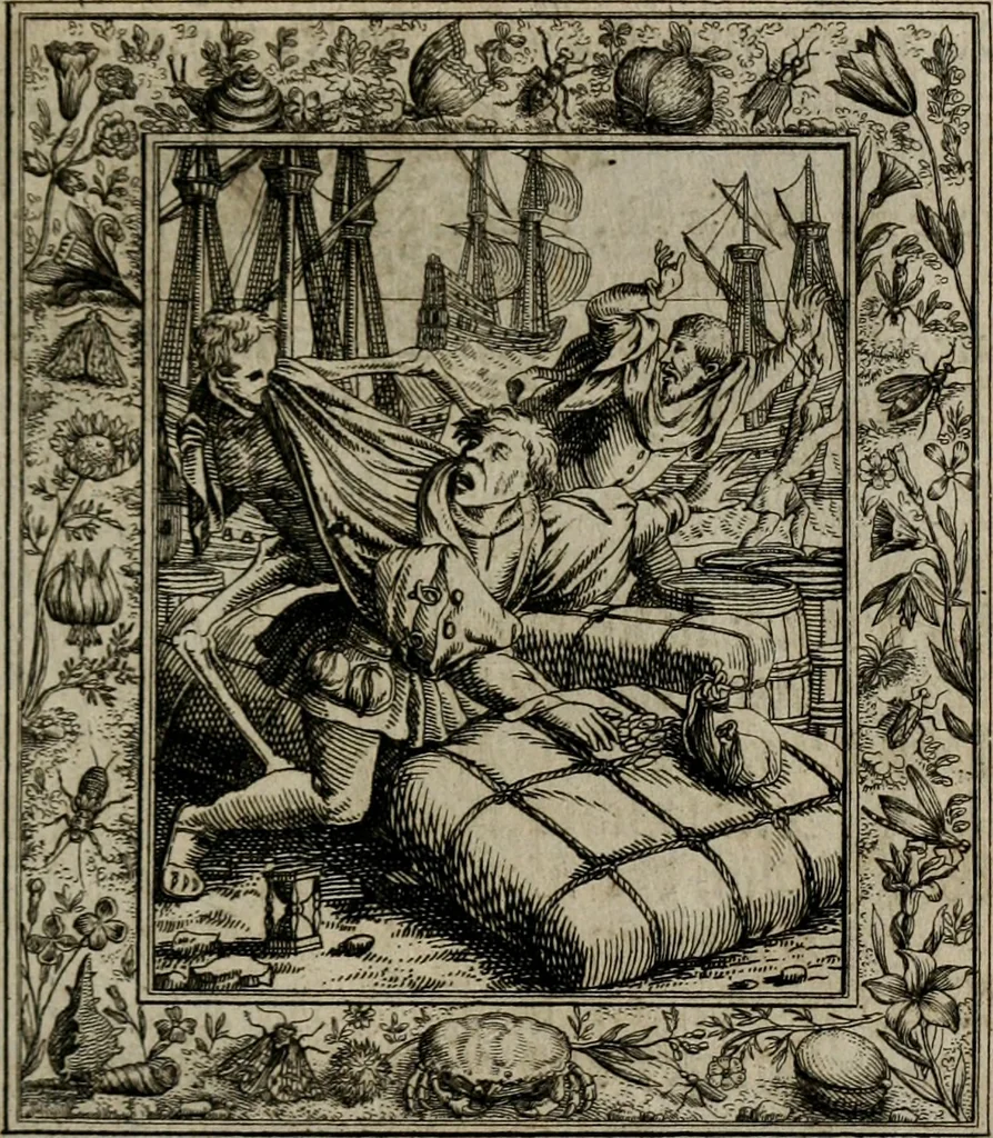 An illustration from Theatrum mortis humanæ tripartitum. I. Pars. Saltum mortis. II. Pars. Varia genera mortis. III. Pars. Pnas damnatorum continens. Figuris æneis illustratum, das ist, Schau-Bühne desz menschlichen Todts in drey Theil. 1. Theil. Der Toden Tantz. 2. Theil. Underschidliche Todts-Gattungen. 3. Theil. Der Verdambten Höllen-Peyn, vorstellend. Mit Schönen Kupffer-Stichen geziehrt vnd an Tag gegeben. Durch Joannem Weichardum Valvasor.., 1682, leaf 80