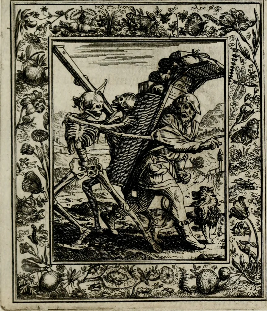 An illustration from Theatrum mortis humanæ tripartitum. I. Pars. Saltum mortis. II. Pars. Varia genera mortis. III. Pars. Pnas damnatorum continens. Figuris æneis illustratum, das ist, Schau-Bühne desz menschlichen Todts in drey Theil. 1. Theil. Der Toden Tantz. 2. Theil. Underschidliche Todts-Gattungen. 3. Theil. Der Verdambten Höllen-Peyn, vorstellend. Mit Schönen Kupffer-Stichen geziehrt vnd an Tag gegeben. Durch Joannem Weichardum Valvasor.., 1682, leaf 82