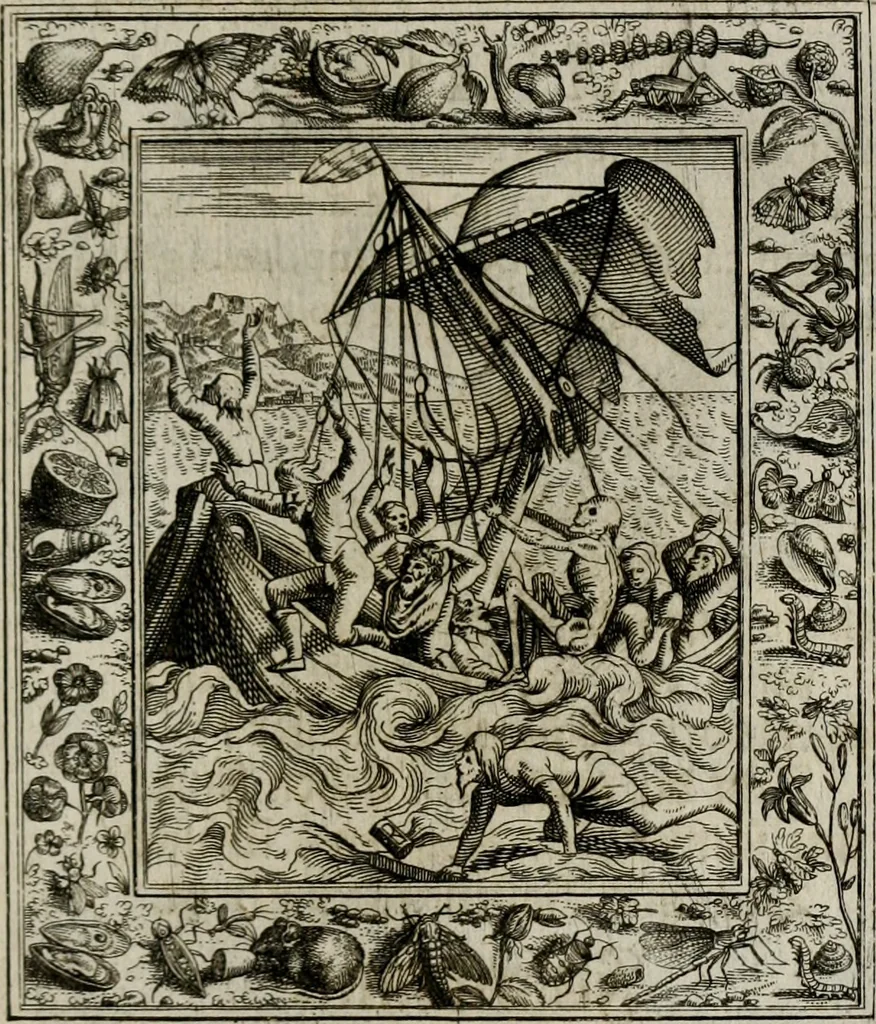 An illustration from Theatrum mortis humanæ tripartitum. I. Pars. Saltum mortis. II. Pars. Varia genera mortis. III. Pars. Pnas damnatorum continens. Figuris æneis illustratum, das ist, Schau-Bühne desz menschlichen Todts in drey Theil. 1. Theil. Der Toden Tantz. 2. Theil. Underschidliche Todts-Gattungen. 3. Theil. Der Verdambten Höllen-Peyn, vorstellend. Mit Schönen Kupffer-Stichen geziehrt vnd an Tag gegeben. Durch Joannem Weichardum Valvasor.., 1682, leaf 84