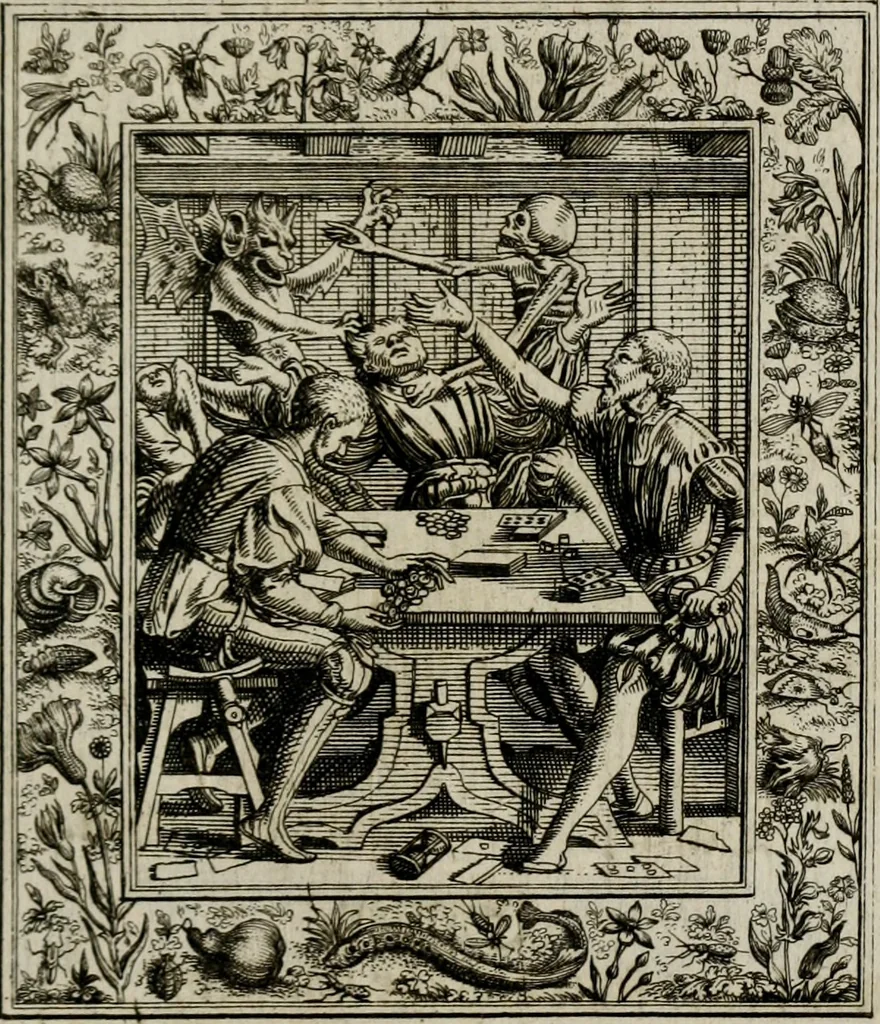 An illustration from Theatrum mortis humanæ tripartitum. I. Pars. Saltum mortis. II. Pars. Varia genera mortis. III. Pars. Pnas damnatorum continens. Figuris æneis illustratum, das ist, Schau-Bühne desz menschlichen Todts in drey Theil. 1. Theil. Der Toden Tantz. 2. Theil. Underschidliche Todts-Gattungen. 3. Theil. Der Verdambten Höllen-Peyn, vorstellend. Mit Schönen Kupffer-Stichen geziehrt vnd an Tag gegeben. Durch Joannem Weichardum Valvasor.., 1682, leaf 90