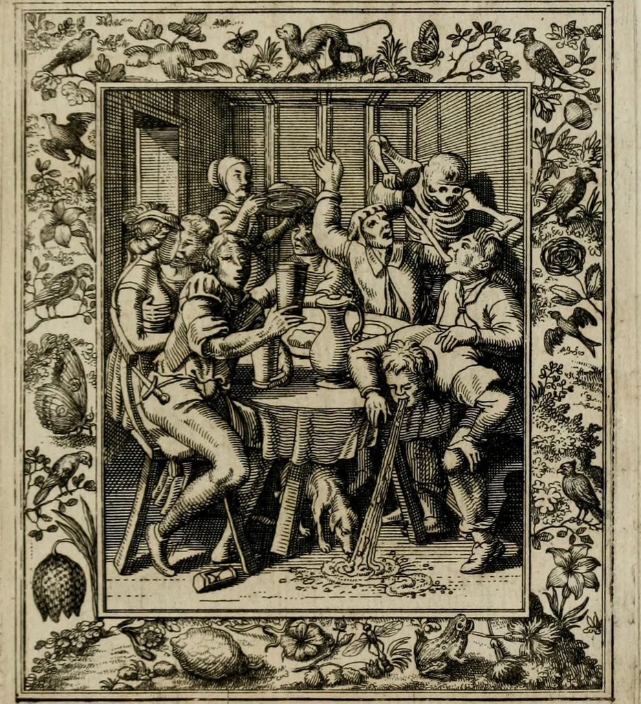 An illustration from Theatrum mortis humanæ tripartitum. I. Pars. Saltum mortis. II. Pars. Varia genera mortis. III. Pars. Pnas damnatorum continens. Figuris æneis illustratum, das ist, Schau-Bühne desz menschlichen Todts in drey Theil. 1. Theil. Der Toden Tantz. 2. Theil. Underschidliche Todts-Gattungen. 3. Theil. Der Verdambten Höllen-Peyn, vorstellend. Mit Schönen Kupffer-Stichen geziehrt vnd an Tag gegeben. Durch Joannem Weichardum Valvasor.., 1682, leaf 92