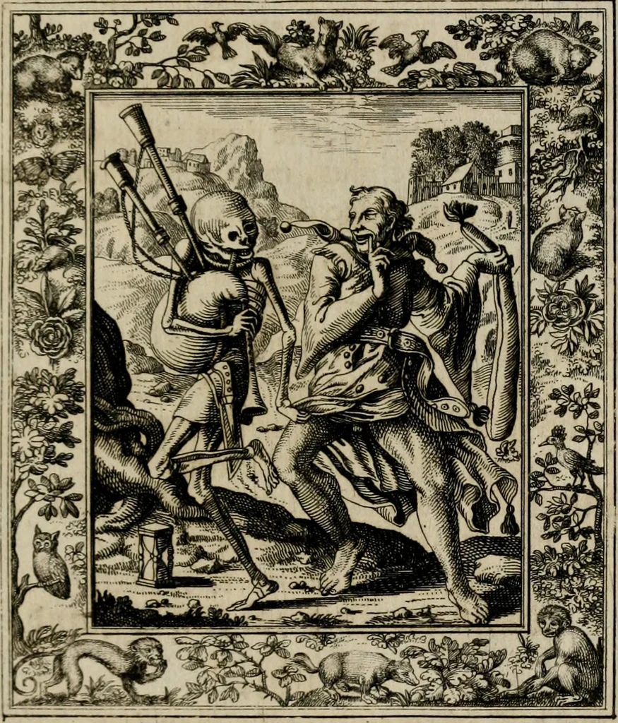 An illustration from Theatrum mortis humanæ tripartitum. I. Pars. Saltum mortis. II. Pars. Varia genera mortis. III. Pars. Pnas damnatorum continens. Figuris æneis illustratum, das ist, Schau-Bühne desz menschlichen Todts in drey Theil. 1. Theil. Der Toden Tantz. 2. Theil. Underschidliche Todts-Gattungen. 3. Theil. Der Verdambten Höllen-Peyn, vorstellend. Mit Schönen Kupffer-Stichen geziehrt vnd an Tag gegeben. Durch Joannem Weichardum Valvasor.., 1682, leaf 94