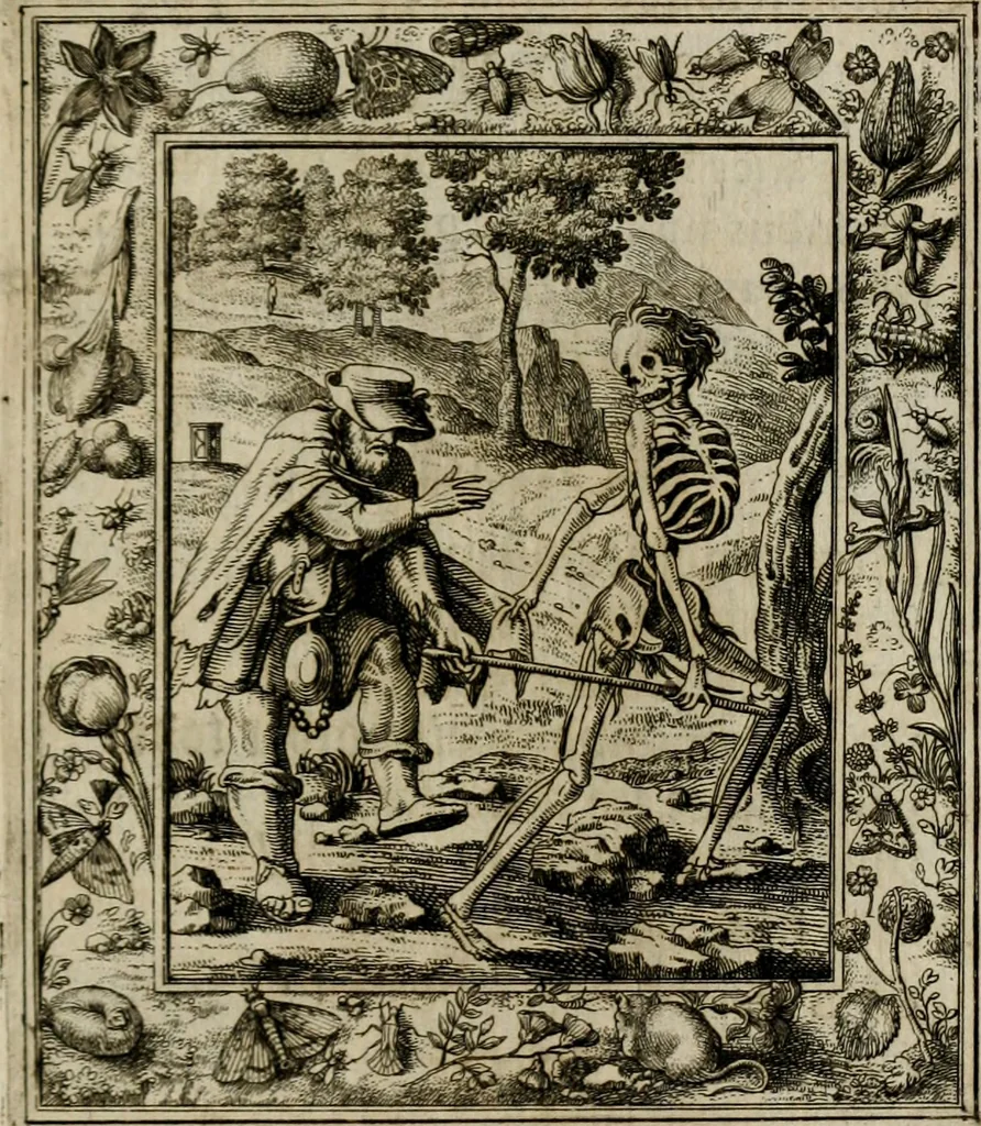 An illustration from Theatrum mortis humanæ tripartitum. I. Pars. Saltum mortis. II. Pars. Varia genera mortis. III. Pars. Pnas damnatorum continens. Figuris æneis illustratum, das ist, Schau-Bühne desz menschlichen Todts in drey Theil. 1. Theil. Der Toden Tantz. 2. Theil. Underschidliche Todts-Gattungen. 3. Theil. Der Verdambten Höllen-Peyn, vorstellend. Mit Schönen Kupffer-Stichen geziehrt vnd an Tag gegeben. Durch Joannem Weichardum Valvasor.., 1682, leaf 96