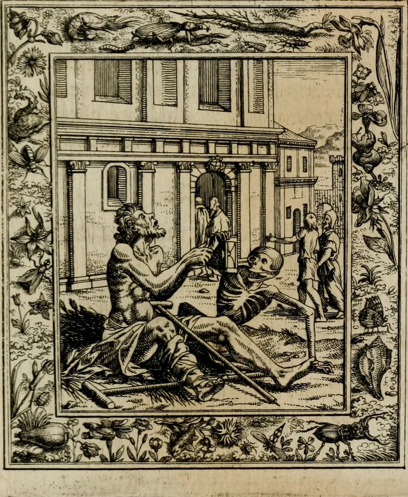 An illustration from Theatrum mortis humanæ tripartitum. I. Pars. Saltum mortis. II. Pars. Varia genera mortis. III. Pars. Pnas damnatorum continens. Figuris æneis illustratum, das ist, Schau-Bühne desz menschlichen Todts in drey Theil. 1. Theil. Der Toden Tantz. 2. Theil. Underschidliche Todts-Gattungen. 3. Theil. Der Verdambten Höllen-Peyn, vorstellend. Mit Schönen Kupffer-Stichen geziehrt vnd an Tag gegeben. Durch Joannem Weichardum Valvasor.., 1682, leaf 98