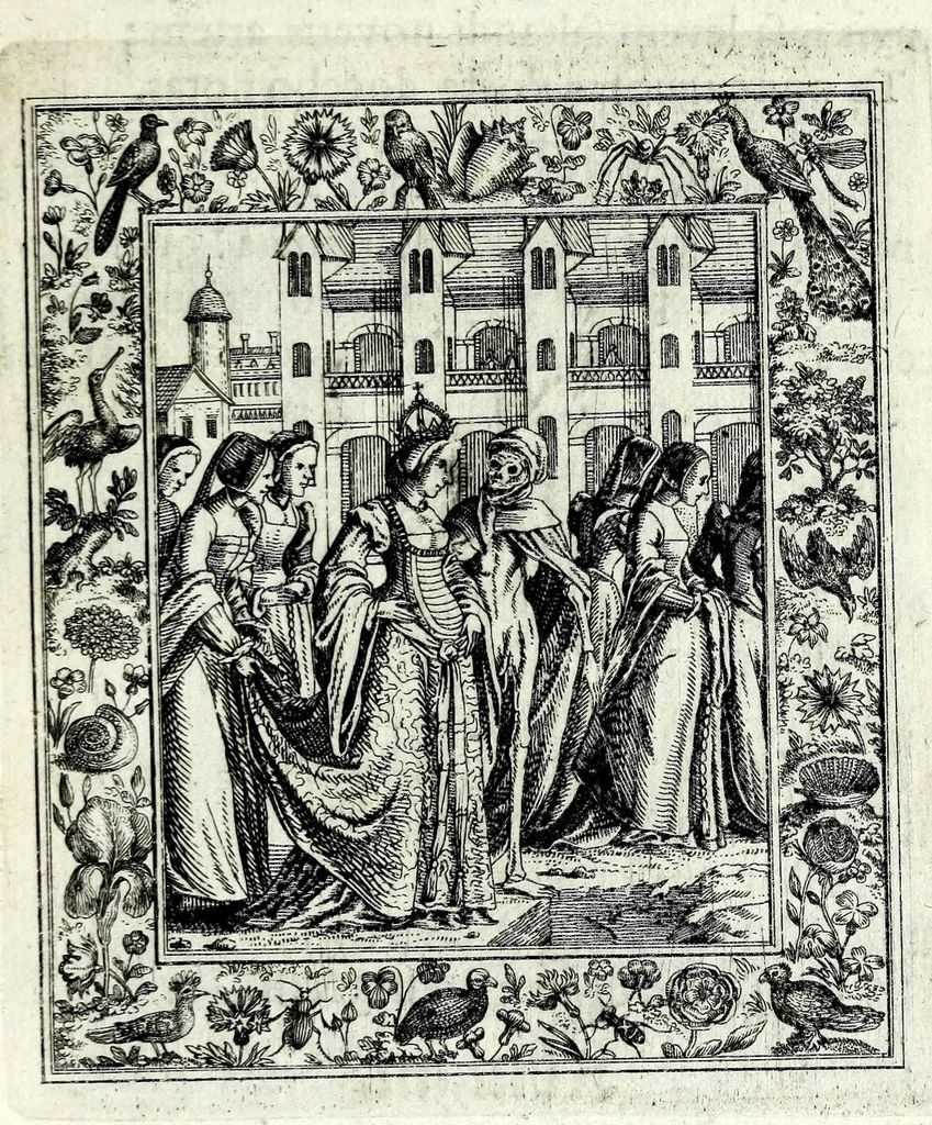 An illustration from Theatrum mortis humanae tripartitum ... : figuris aeneis illustratum = Das ist, Schau-Bühne dess menschlichen Todts in drey Theil ... : mit Schönen Kupffer-Stichen geziehrt vnd an Tag gegeben, 1682, leaf 107