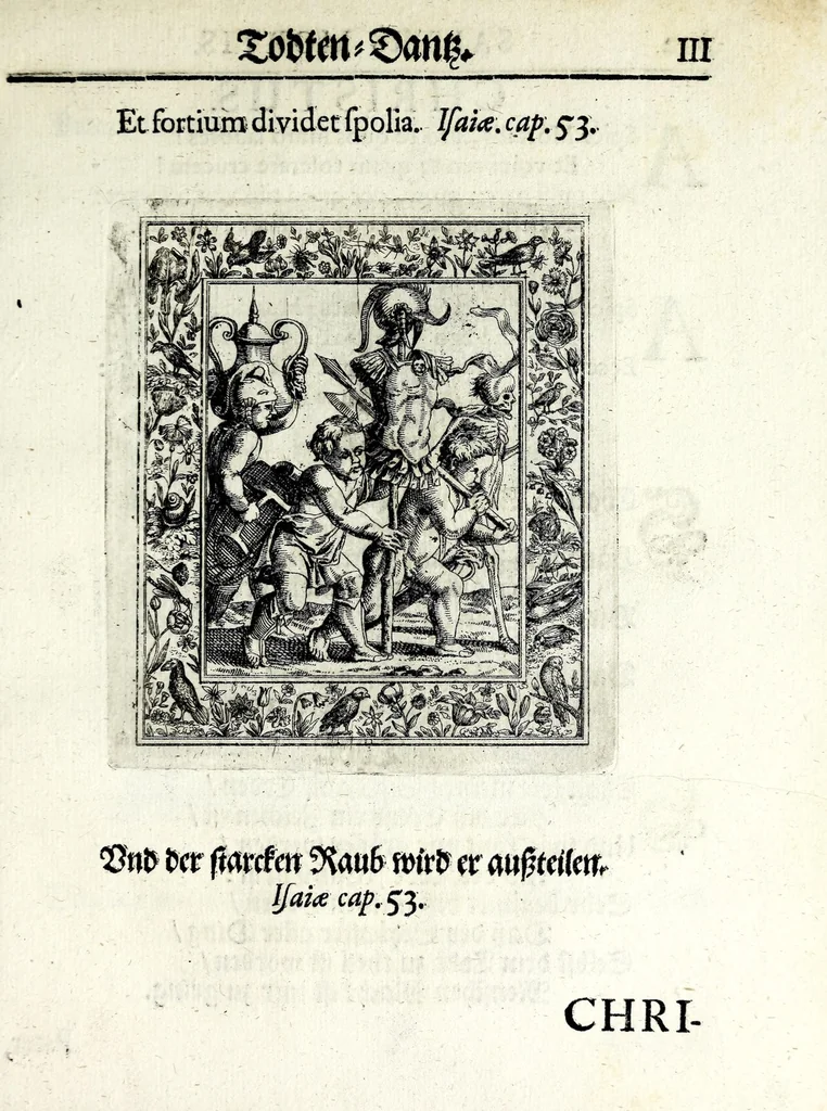 An illustration from Theatrum mortis humanae tripartitum ... : figuris aeneis illustratum = Das ist, Schau-Bühne dess menschlichen Todts in drey Theil ... : mit Schönen Kupffer-Stichen geziehrt vnd an Tag gegeben, 1682, leaf 127