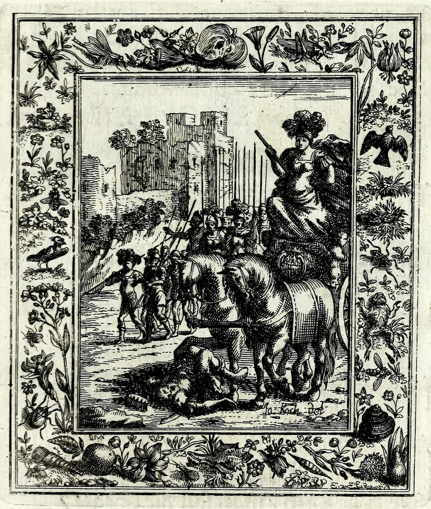 An illustration from Theatrum mortis humanae tripartitum ... : figuris aeneis illustratum = Das ist, Schau-Bühne dess menschlichen Todts in drey Theil ... : mit Schönen Kupffer-Stichen geziehrt vnd an Tag gegeben, 1682, leaf 195