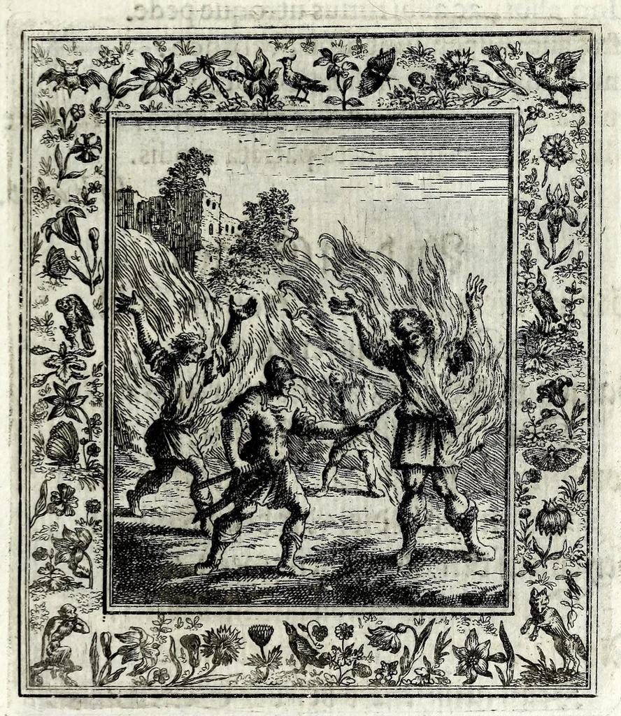 An illustration from Theatrum mortis humanae tripartitum ... : figuris aeneis illustratum = Das ist, Schau-Bühne dess menschlichen Todts in drey Theil ... : mit Schönen Kupffer-Stichen geziehrt vnd an Tag gegeben, 1682, leaf 203