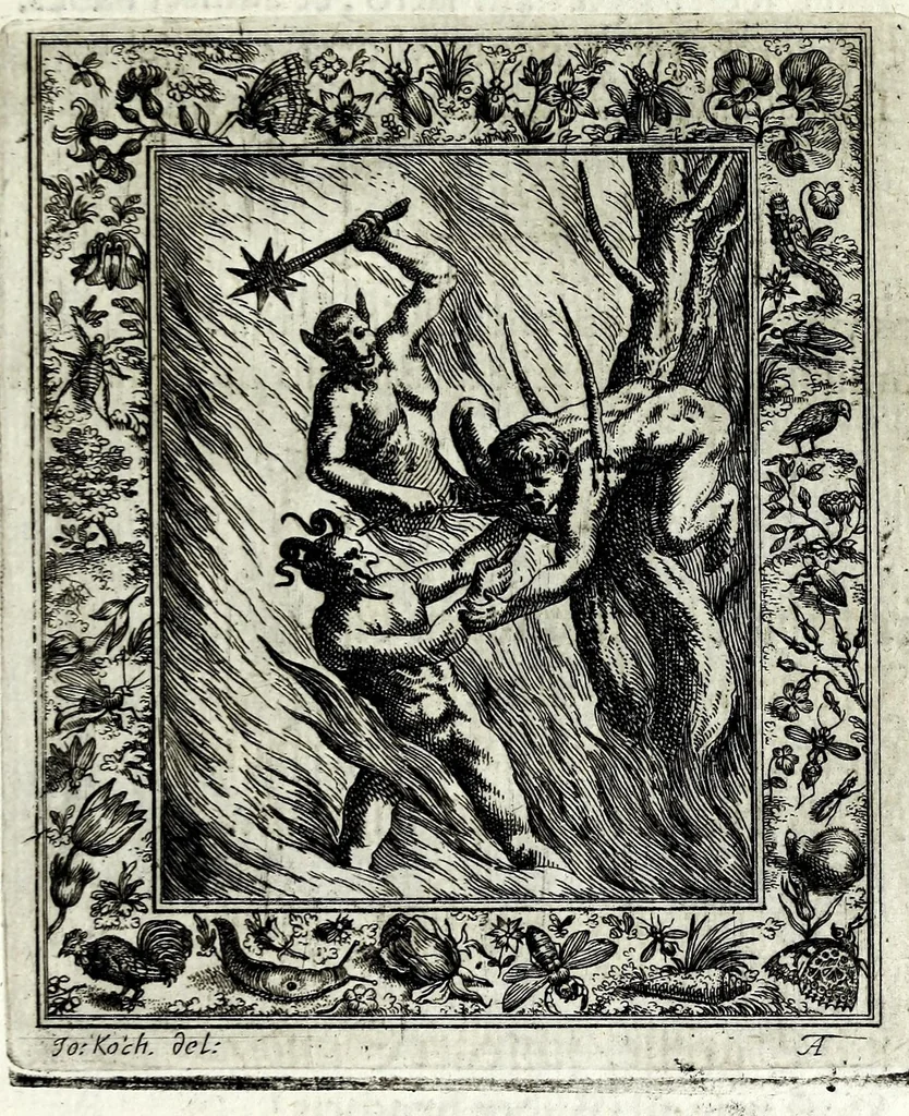 An illustration from Theatrum mortis humanae tripartitum ... : figuris aeneis illustratum = Das ist, Schau-Bühne dess menschlichen Todts in drey Theil ... : mit Schönen Kupffer-Stichen geziehrt vnd an Tag gegeben, 1682, leaf 219