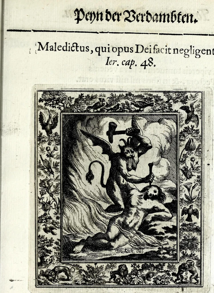 An illustration from Theatrum mortis humanae tripartitum ... : figuris aeneis illustratum = Das ist, Schau-Bühne dess menschlichen Todts in drey Theil ... : mit Schönen Kupffer-Stichen geziehrt vnd an Tag gegeben, 1682, leaf 243