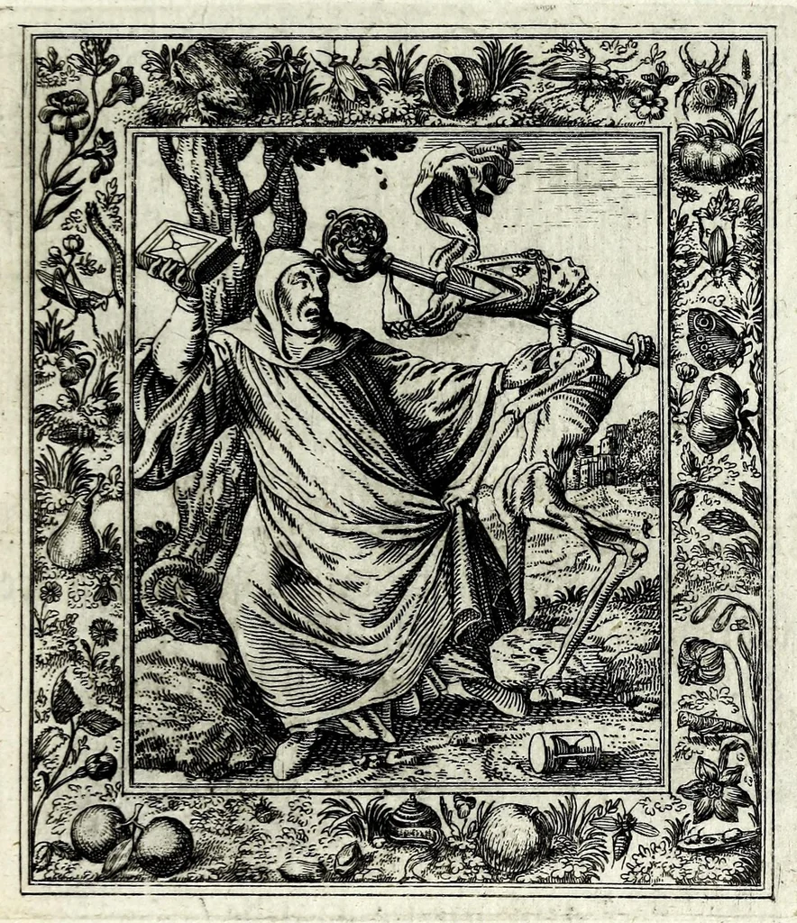 An illustration from Theatrum mortis humanae tripartitum ... : figuris aeneis illustratum = Das ist, Schau-Bühne dess menschlichen Todts in drey Theil ... : mit Schönen Kupffer-Stichen geziehrt vnd an Tag gegeben, 1682, leaf 43