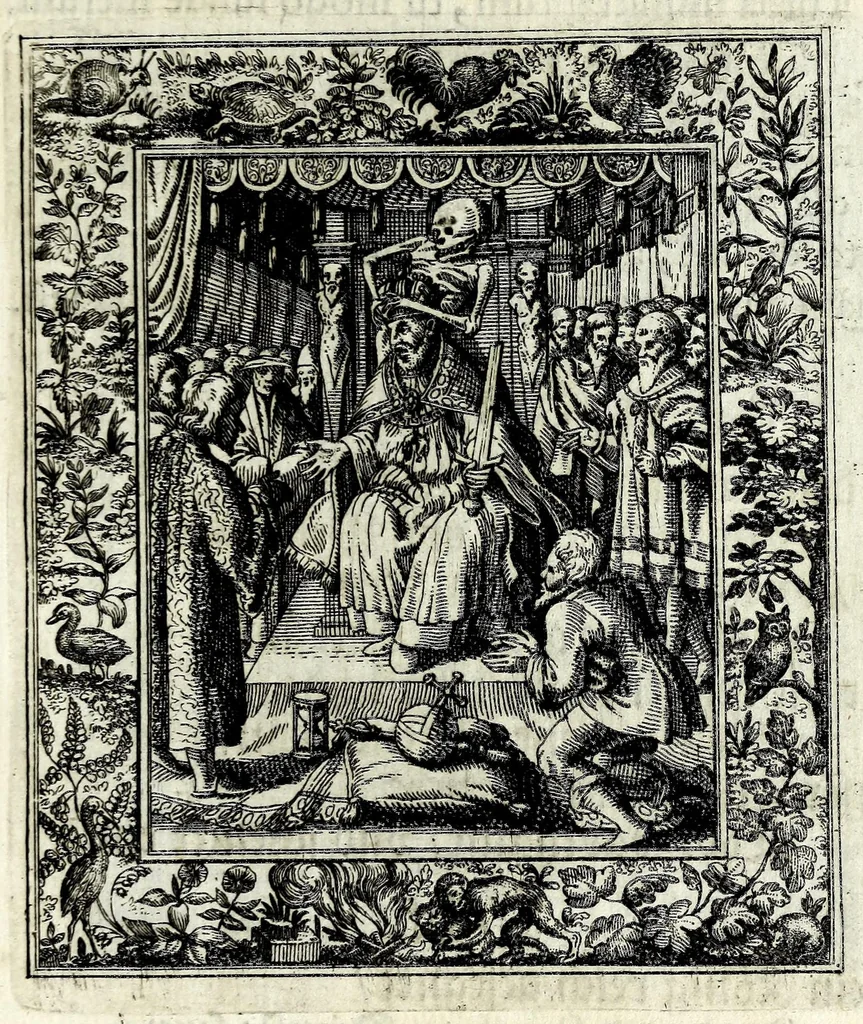 An illustration from Theatrum mortis humanae tripartitum ... : figuris aeneis illustratum = Das ist, Schau-Bühne dess menschlichen Todts in drey Theil ... : mit Schönen Kupffer-Stichen geziehrt vnd an Tag gegeben, 1682, leaf 57