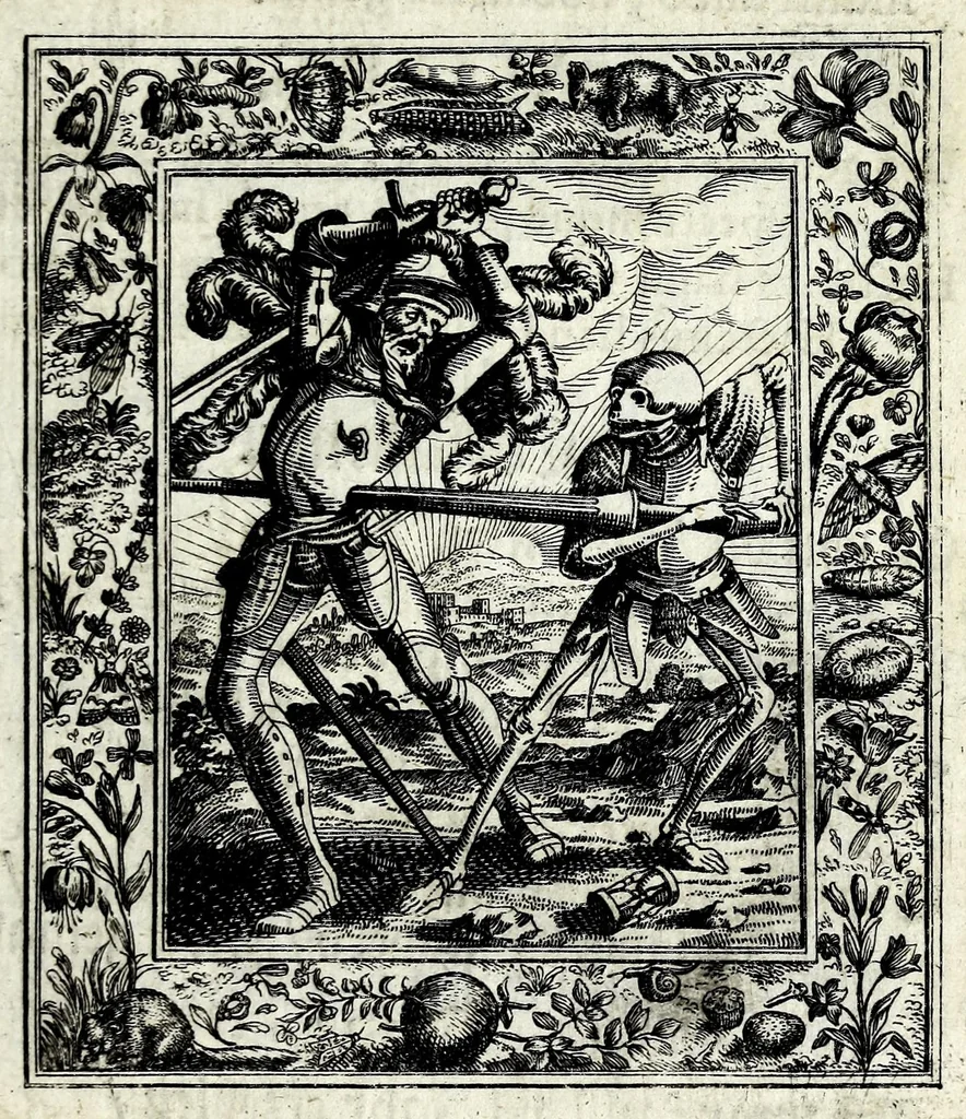 An illustration from Theatrum mortis humanae tripartitum ... : figuris aeneis illustratum = Das ist, Schau-Bühne dess menschlichen Todts in drey Theil ... : mit Schönen Kupffer-Stichen geziehrt vnd an Tag gegeben, 1682, leaf 65