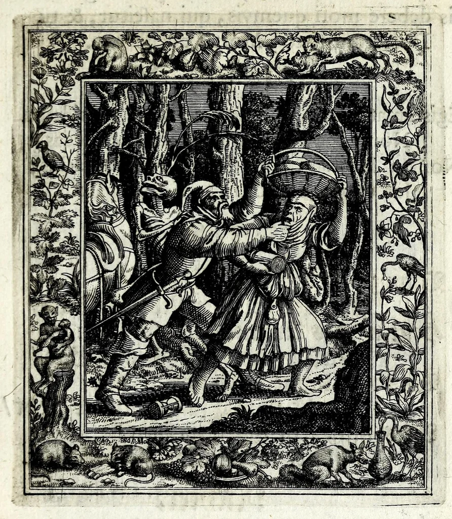An illustration from Theatrum mortis humanae tripartitum ... : figuris aeneis illustratum = Das ist, Schau-Bühne dess menschlichen Todts in drey Theil ... : mit Schönen Kupffer-Stichen geziehrt vnd an Tag gegeben, 1682, leaf 71