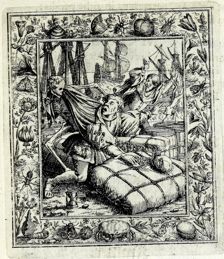An illustration from Theatrum mortis humanae tripartitum ... : figuris aeneis illustratum = Das ist, Schau-Bühne dess menschlichen Todts in drey Theil ... : mit Schönen Kupffer-Stichen geziehrt vnd an Tag gegeben, 1682, leaf 85