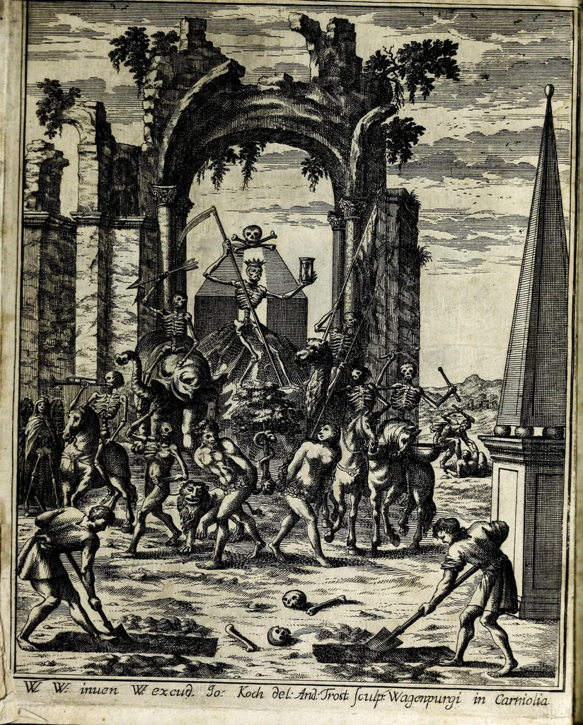 An illustration from Theatrum mortis humanae tripartitum ... : figuris aeneis illustratum = Das ist, Schau-Bühne dess menschlichen Todts in drey Theil ... : mit Schönen Kupffer-Stichen geziehrt vnd an Tag gegeben, 1682, leaf 9