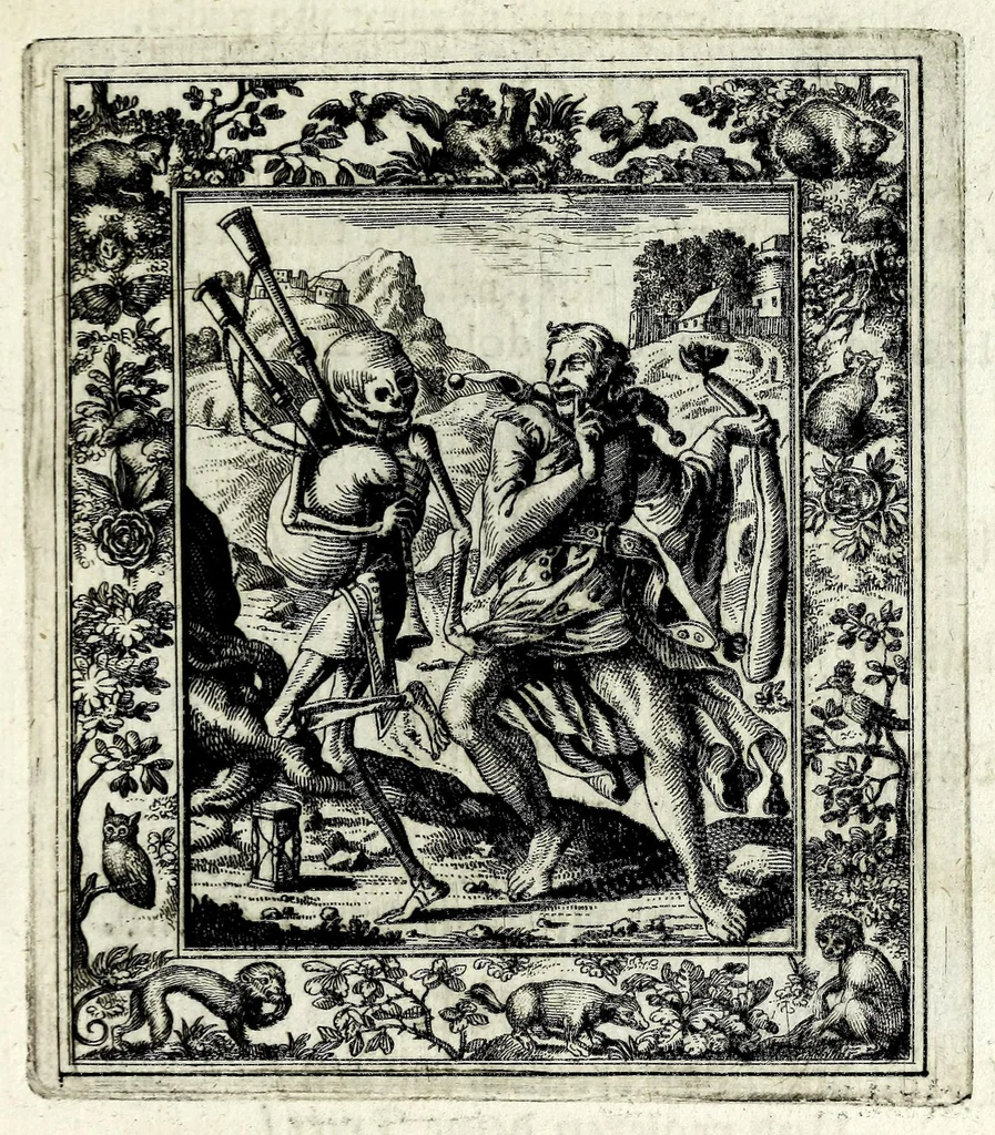 An illustration from Theatrum mortis humanae tripartitum ... : figuris aeneis illustratum = Das ist, Schau-Bühne dess menschlichen Todts in drey Theil ... : mit Schönen Kupffer-Stichen geziehrt vnd an Tag gegeben, 1682, leaf 99
