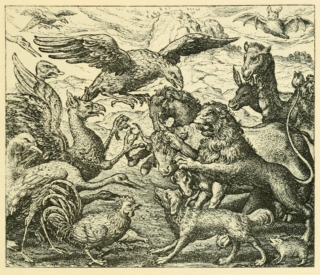 An illustration from Theatrum morum; artliche Gesprach der Thier mit wahren Historien den Menschen zur Lehr. AEgidius Sadeler excud. [Hrsg. von Gesellschaft Deutscher Bücherfreunde in Böhmen.], 1608, leaf 149