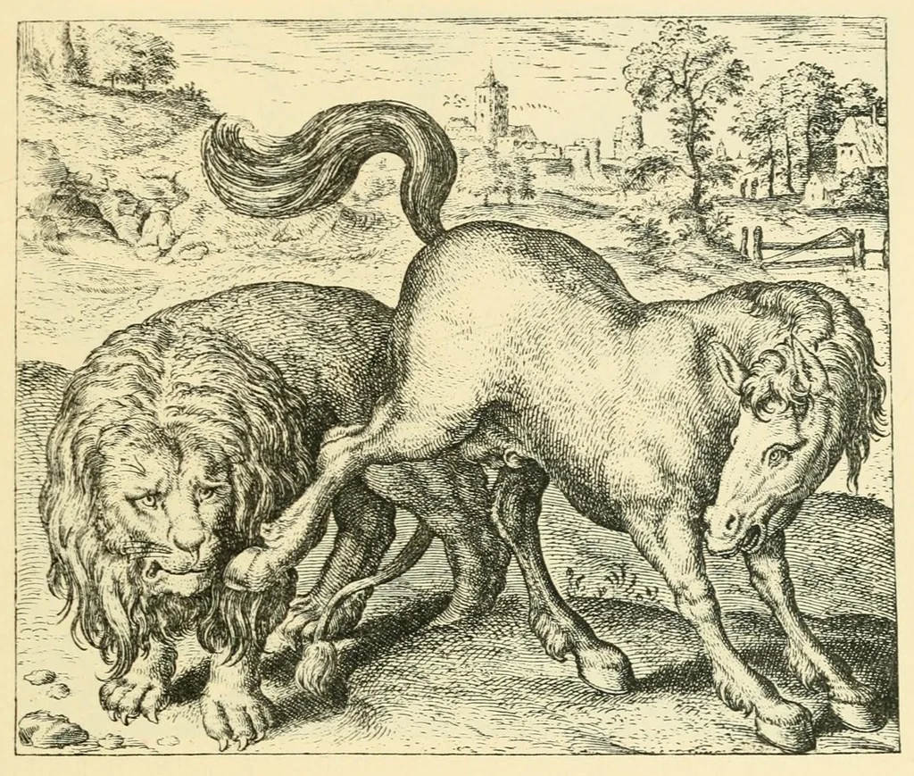 An illustration from Theatrum morum; artliche Gesprach der Thier mit wahren Historien den Menschen zur Lehr. AEgidius Sadeler excud. [Hrsg. von Gesellschaft Deutscher Bücherfreunde in Böhmen.], 1608, leaf 191