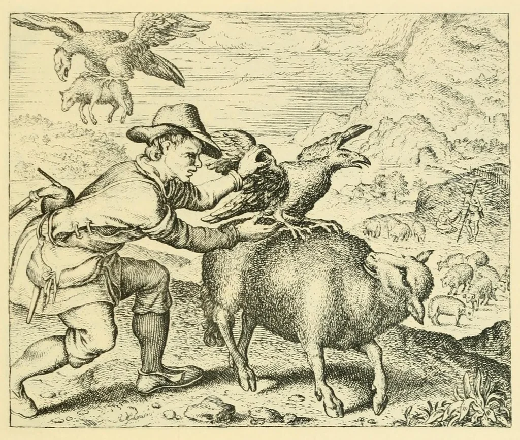 An illustration from Theatrum morum; artliche Gesprach der Thier mit wahren Historien den Menschen zur Lehr. AEgidius Sadeler excud. [Hrsg. von Gesellschaft Deutscher Bücherfreunde in Böhmen.], 1608, leaf 205