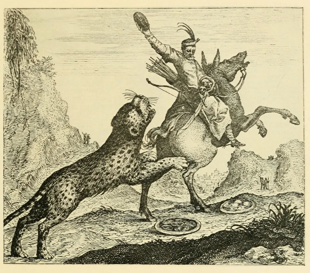 An illustration from Theatrum morum; artliche Gesprach der Thier mit wahren Historien den Menschen zur Lehr. AEgidius Sadeler excud. [Hrsg. von Gesellschaft Deutscher Bücherfreunde in Böhmen.], 1608, leaf 21
