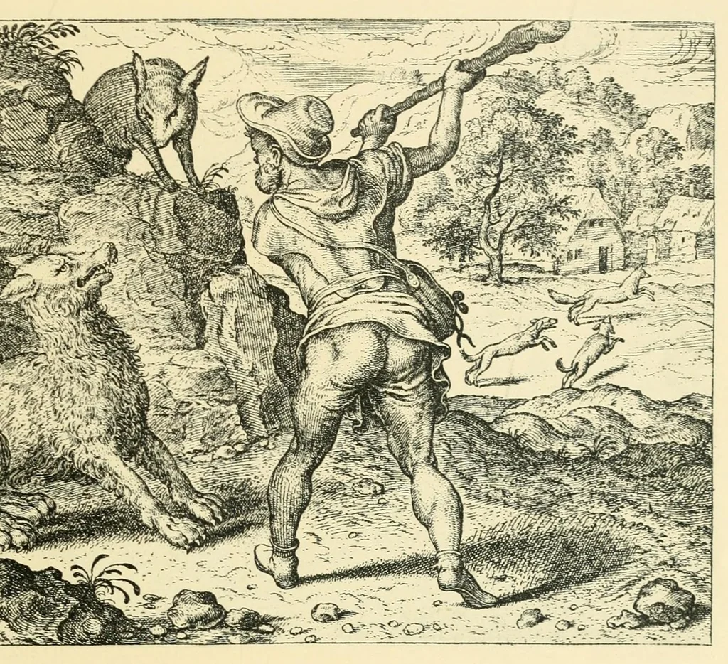 An illustration from Theatrum morum; artliche Gesprach der Thier mit wahren Historien den Menschen zur Lehr. AEgidius Sadeler excud. [Hrsg. von Gesellschaft Deutscher Bücherfreunde in Böhmen.], 1608, leaf 253