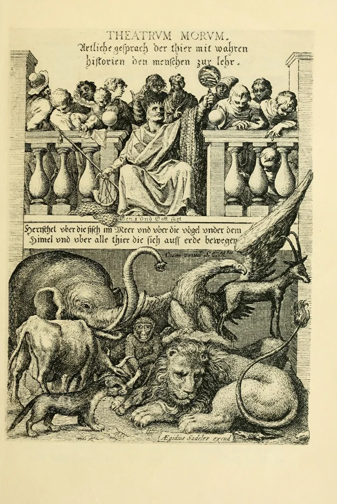 An illustration from Theatrum morum; artliche Gesprach der Thier mit wahren Historien den Menschen zur Lehr. AEgidius Sadeler excud. [Hrsg. von Gesellschaft Deutscher Bücherfreunde in Böhmen.], 1608, leaf 9