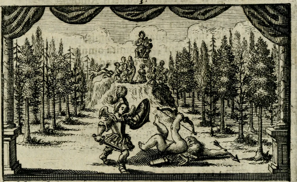 An illustration from Theatrum virtutis et honoris, augustis magnorum Caesarum filiis ab augustissimis parentibus ad imperium destinatis exstructum, et illustrissimis, perillustribus, reverendis, religiosis, praenobilibus, nobilibus, ac doctissimis DD. AA. LL. et philosophiae doctoribus, 1697, leaf 10