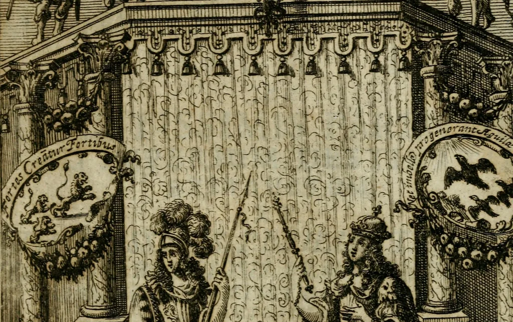 An illustration from Theatrum virtutis et honoris, augustis magnorum Caesarum filiis ab augustissimis parentibus ad imperium destinatis exstructum, et illustrissimis, perillustribus, reverendis, religiosis, praenobilibus, nobilibus, ac doctissimis DD. AA. LL. et philosophiae doctoribus, 1697, leaf 2