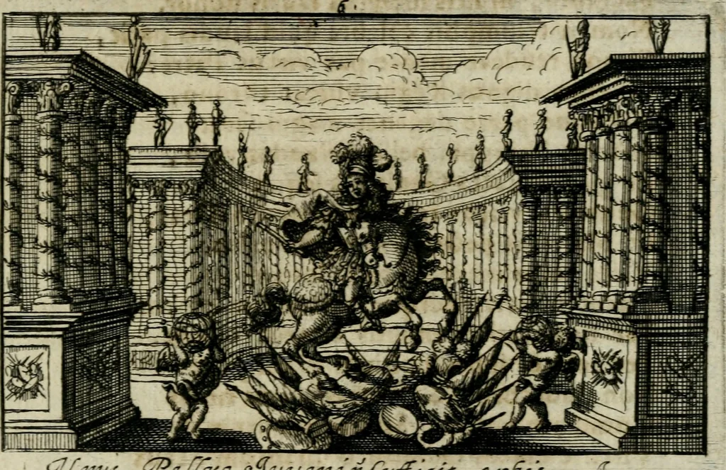 An illustration from Theatrum virtutis et honoris, augustis magnorum Caesarum filiis ab augustissimis parentibus ad imperium destinatis exstructum, et illustrissimis, perillustribus, reverendis, religiosis, praenobilibus, nobilibus, ac doctissimis DD. AA. LL. et philosophiae doctoribus, 1697, leaf 40