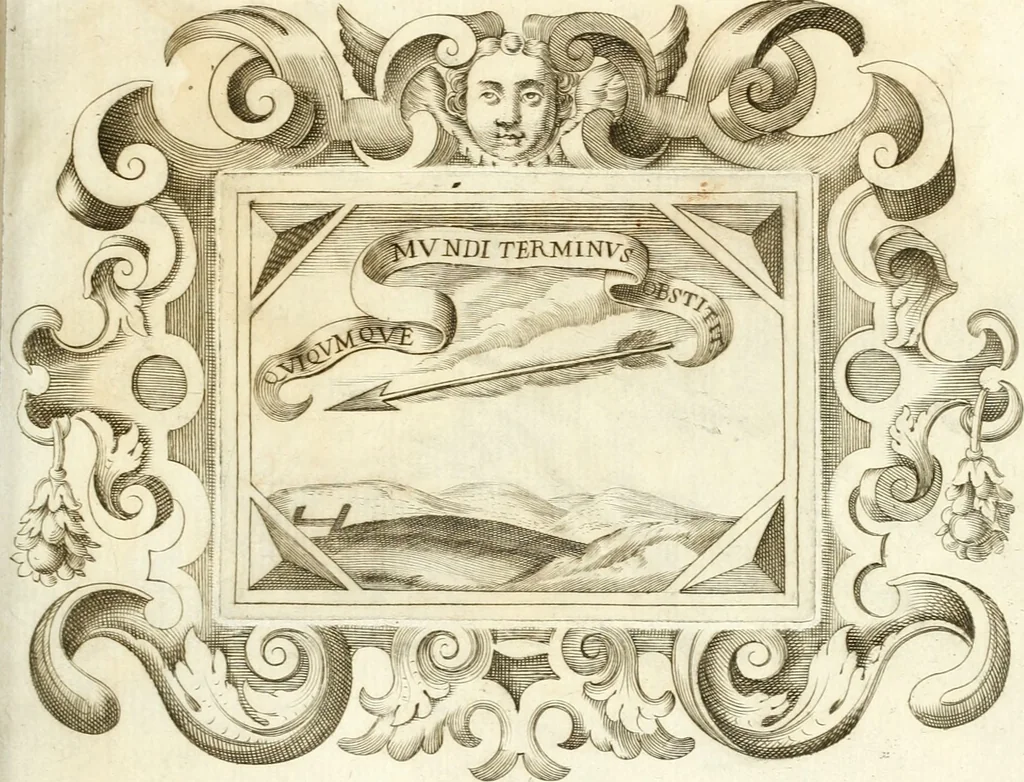 An illustration from Theatrvm omnivm scientiarvm, sive, Apparatvs qvo exceptvs fvit exc.mvs princeps d. Innicvs de Gvevara et Tassis, comes de Oñate & Villamediana, &c. ac Neapolitani regni prorex sapientissimvs, in Neapolitana academia in instavratione stvdiorvm anni MDCXLIX : cvm post sedatos Neapolitani regni tvmvltvs tanto principe avspice neapolitana Pallas armorvm tvrbine pene abrvta capvt erexit, 1650, leaf 180