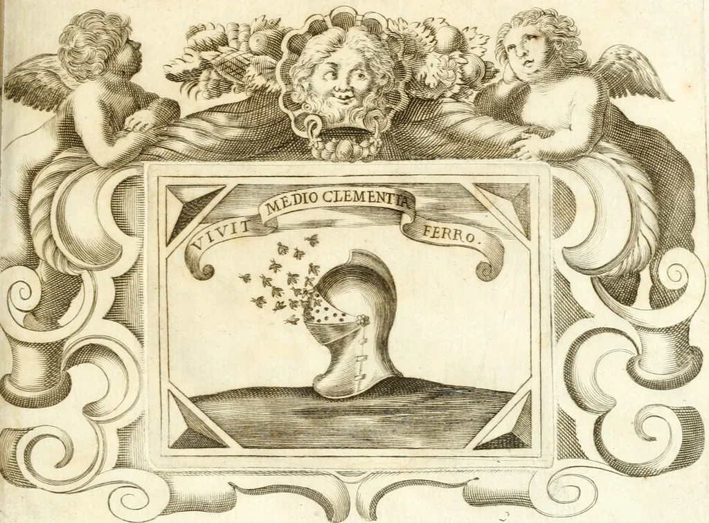 An illustration from Theatrvm omnivm scientiarvm, sive, Apparatvs qvo exceptvs fvit exc.mvs princeps d. Innicvs de Gvevara et Tassis, comes de Oñate & Villamediana, &c. ac Neapolitani regni prorex sapientissimvs, in Neapolitana academia in instavratione stvdiorvm anni MDCXLIX : cvm post sedatos Neapolitani regni tvmvltvs tanto principe avspice neapolitana Pallas armorvm tvrbine pene abrvta capvt erexit, 1650, leaf 192