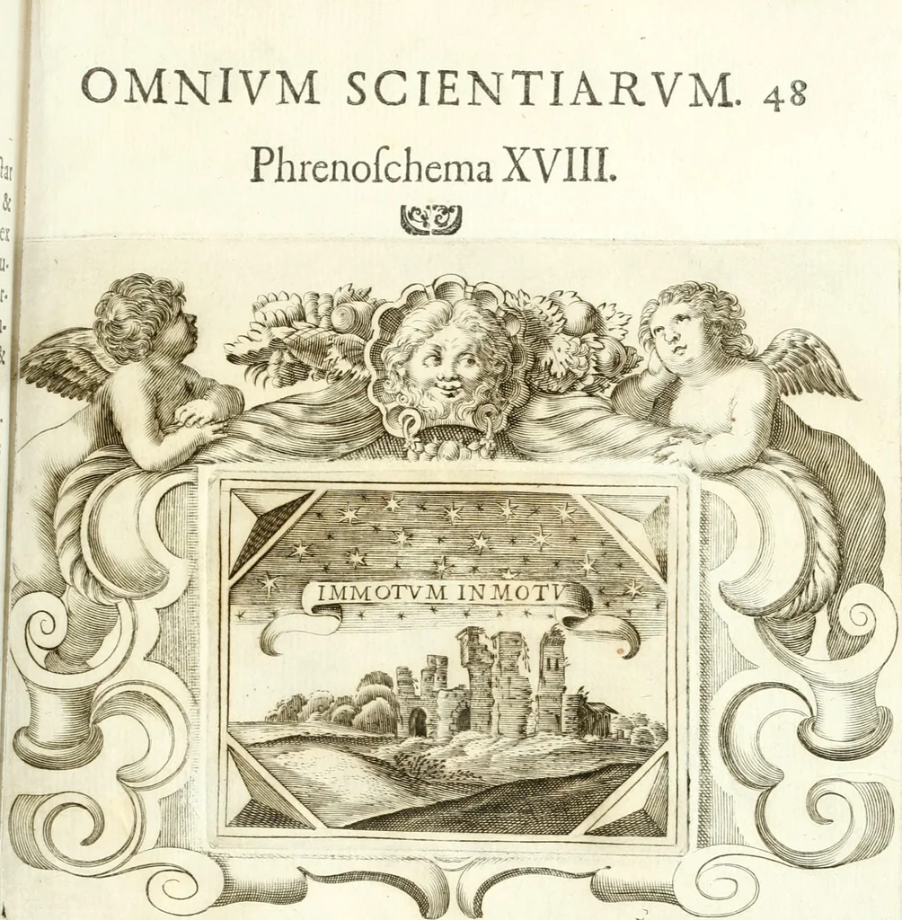 An illustration from Theatrvm omnivm scientiarvm, sive, Apparatvs qvo exceptvs fvit exc.mvs princeps d. Innicvs de Gvevara et Tassis, comes de Oñate & Villamediana, &c. ac Neapolitani regni prorex sapientissimvs, in Neapolitana academia in instavratione stvdiorvm anni MDCXLIX : cvm post sedatos Neapolitani regni tvmvltvs tanto principe avspice neapolitana Pallas armorvm tvrbine pene abrvta capvt erexit, 1650, leaf 212