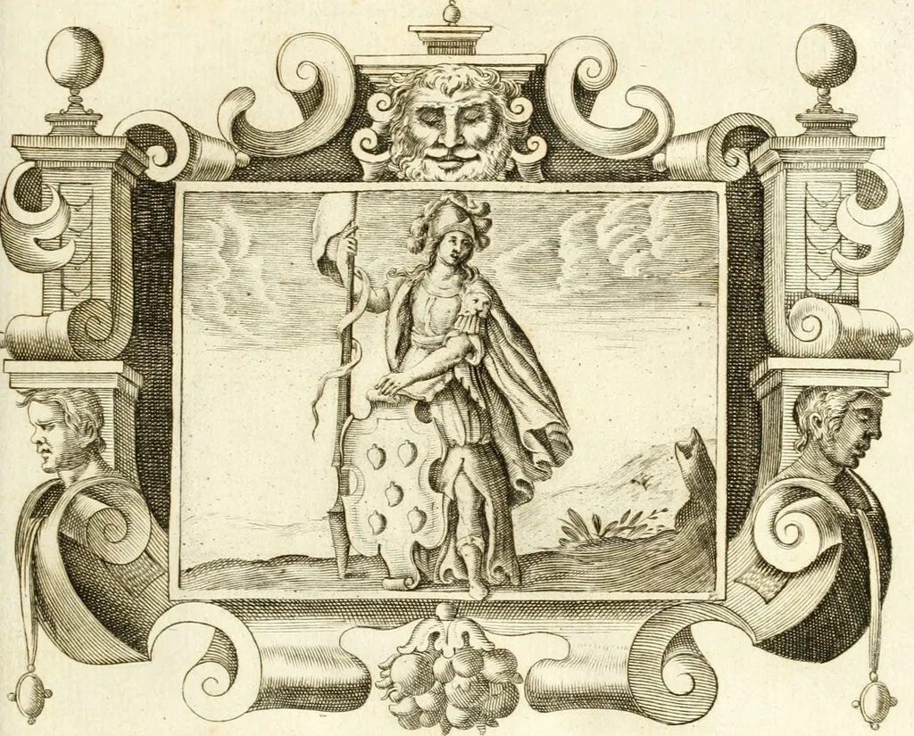 An illustration from Theatrvm omnivm scientiarvm, sive, Apparatvs qvo exceptvs fvit exc.mvs princeps d. Innicvs de Gvevara et Tassis, comes de Oñate & Villamediana, &c. ac Neapolitani regni prorex sapientissimvs, in Neapolitana academia in instavratione stvdiorvm anni MDCXLIX : cvm post sedatos Neapolitani regni tvmvltvs tanto principe avspice neapolitana Pallas armorvm tvrbine pene abrvta capvt erexit, 1650, leaf 28