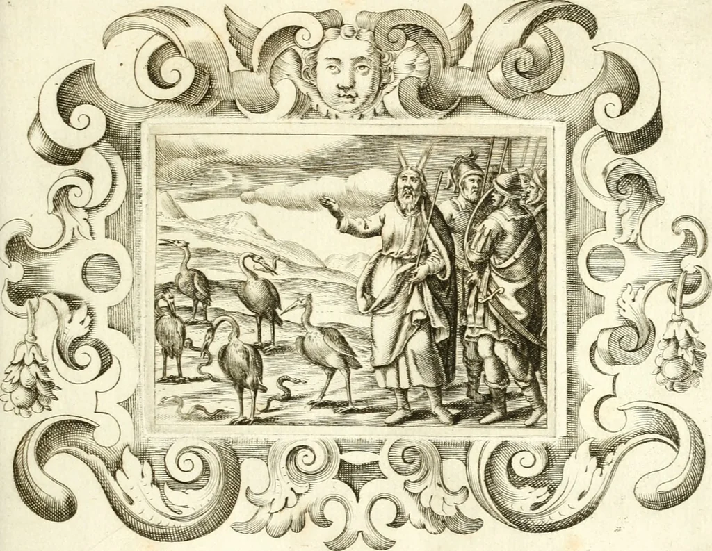 An illustration from Theatrvm omnivm scientiarvm, sive, Apparatvs qvo exceptvs fvit exc.mvs princeps d. Innicvs de Gvevara et Tassis, comes de Oñate & Villamediana, &c. ac Neapolitani regni prorex sapientissimvs, in Neapolitana academia in instavratione stvdiorvm anni MDCXLIX : cvm post sedatos Neapolitani regni tvmvltvs tanto principe avspice neapolitana Pallas armorvm tvrbine pene abrvta capvt erexit, 1650, leaf 36