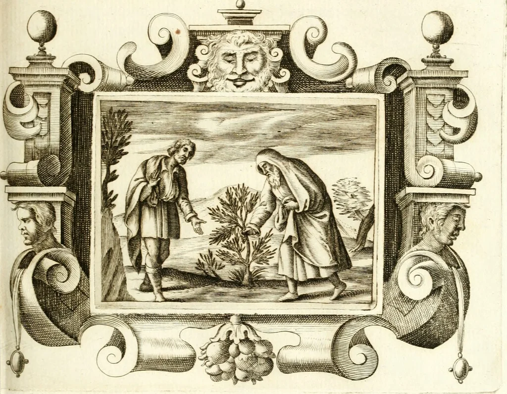 An illustration from Theatrvm omnivm scientiarvm, sive, Apparatvs qvo exceptvs fvit exc.mvs princeps d. Innicvs de Gvevara et Tassis, comes de Oñate & Villamediana, &c. ac Neapolitani regni prorex sapientissimvs, in Neapolitana academia in instavratione stvdiorvm anni MDCXLIX : cvm post sedatos Neapolitani regni tvmvltvs tanto principe avspice neapolitana Pallas armorvm tvrbine pene abrvta capvt erexit, 1650, leaf 64