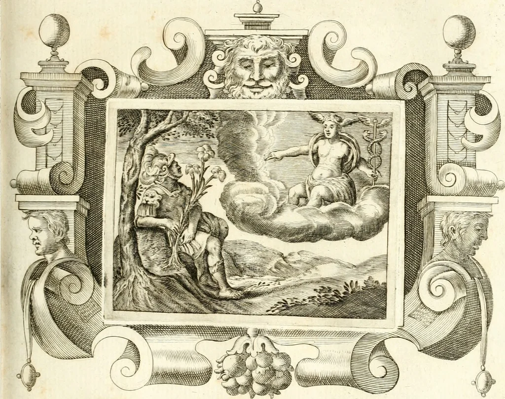 An illustration from Theatrvm omnivm scientiarvm, sive, Apparatvs qvo exceptvs fvit exc.mvs princeps d. Innicvs de Gvevara et Tassis, comes de Oñate & Villamediana, &c. ac Neapolitani regni prorex sapientissimvs, in Neapolitana academia in instavratione stvdiorvm anni MDCXLIX : cvm post sedatos Neapolitani regni tvmvltvs tanto principe avspice neapolitana Pallas armorvm tvrbine pene abrvta capvt erexit, 1650, leaf 76