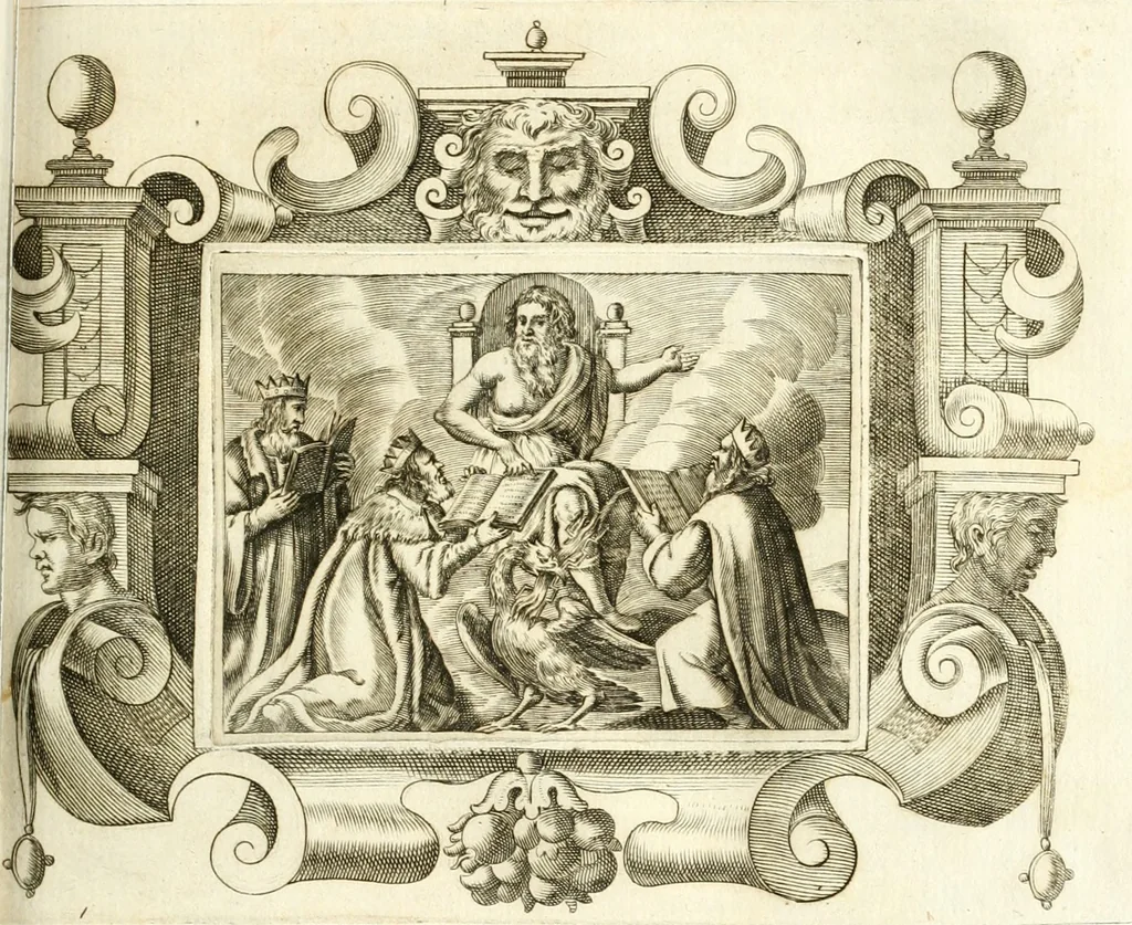 An illustration from Theatrvm omnivm scientiarvm, sive, Apparatvs qvo exceptvs fvit exc.mvs princeps d. Innicvs de Gvevara et Tassis, comes de Oñate & Villamediana, &c. ac Neapolitani regni prorex sapientissimvs, in Neapolitana academia in instavratione stvdiorvm anni MDCXLIX : cvm post sedatos Neapolitani regni tvmvltvs tanto principe avspice neapolitana Pallas armorvm tvrbine pene abrvta capvt erexit, 1650, leaf 80