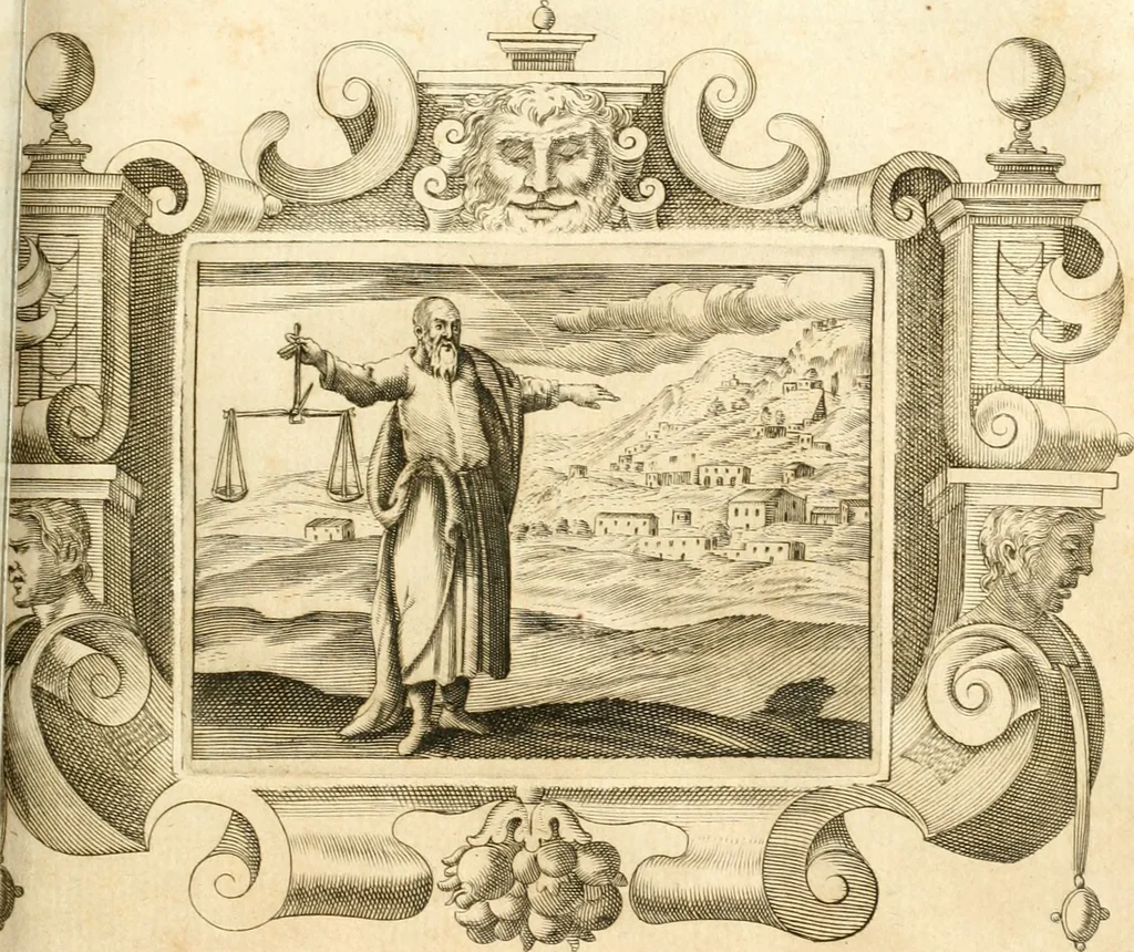 An illustration from Theatrvm omnivm scientiarvm, sive, Apparatvs qvo exceptvs fvit exc.mvs princeps d. Innicvs de Gvevara et Tassis, comes de Oñate & Villamediana, &c. ac Neapolitani regni prorex sapientissimvs, in Neapolitana academia in instavratione stvdiorvm anni MDCXLIX : cvm post sedatos Neapolitani regni tvmvltvs tanto principe avspice neapolitana Pallas armorvm tvrbine pene abrvta capvt erexit, 1650, leaf 88