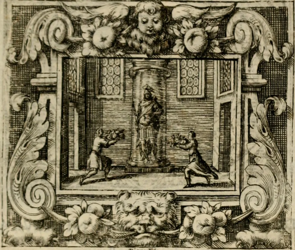 An illustration from Theatrvm temporanevm æternitati Cæsaris Montii, S.R.E. cardinalis et archiep. mediolanen. sacrvm, 1635, leaf 46