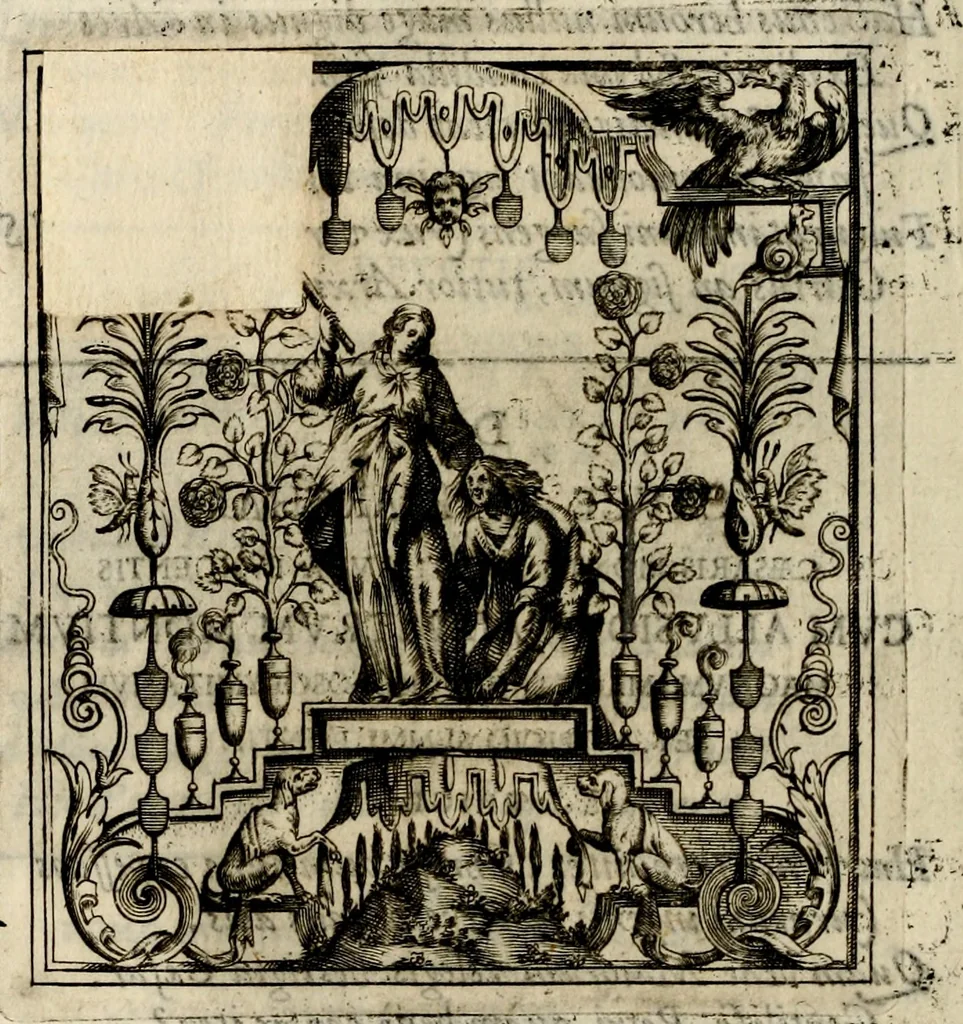 An illustration from Theatrvm temporanevm æternitati Cæsaris Montii, S.R.E. cardinalis et archiep. mediolanen. sacrvm, 1635, leaf 87