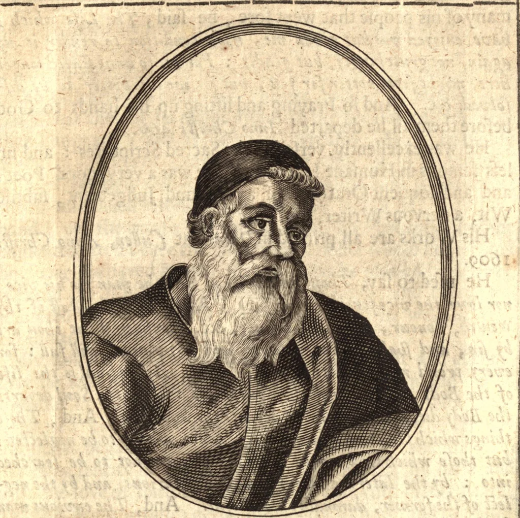 An illustration from The marrow of ecclesiastical history : contained in the lives of one hundred forty eight fathers, schoolmen, first reformers, and modern divines which have flourished in the Church since Christ's time to this present age : faithfully collected and orderly disposed according to the centuries wherein they lived : together with the lively effigies of most of the eminentest of them cut in copper, 1654, leaf 194
