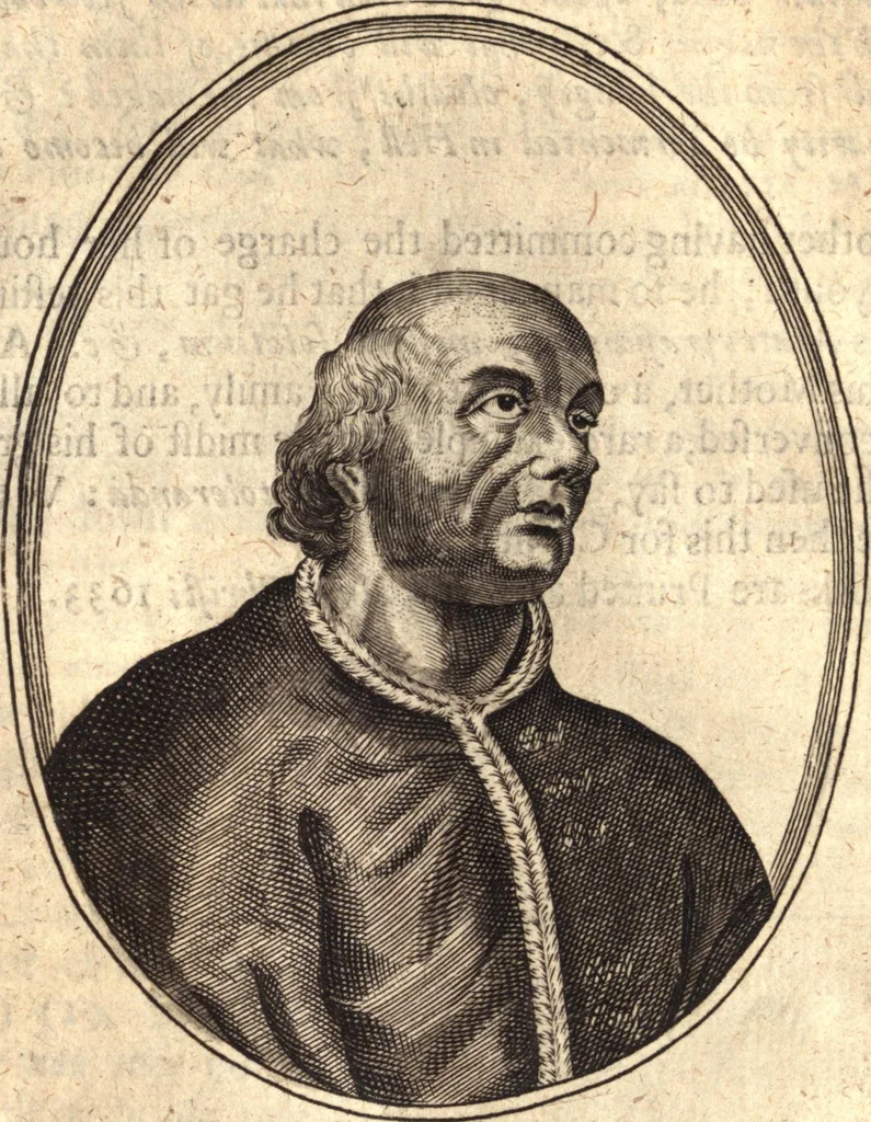 An illustration from The marrow of ecclesiastical history : contained in the lives of one hundred forty eight fathers, schoolmen, first reformers, and modern divines which have flourished in the Church since Christ's time to this present age : faithfully collected and orderly disposed according to the centuries wherein they lived : together with the lively effigies of most of the eminentest of them cut in copper, 1654, leaf 207