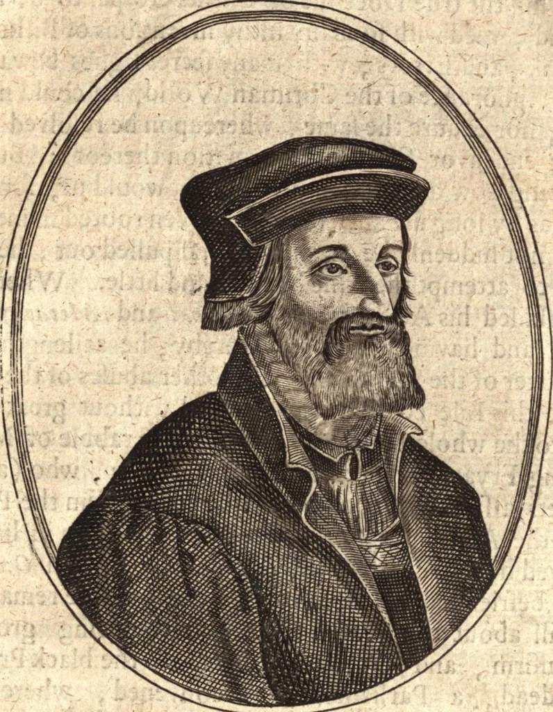 An illustration from The marrow of ecclesiastical history : contained in the lives of one hundred forty eight fathers, schoolmen, first reformers, and modern divines which have flourished in the Church since Christ's time to this present age : faithfully collected and orderly disposed according to the centuries wherein they lived : together with the lively effigies of most of the eminentest of them cut in copper, 1654, leaf 230