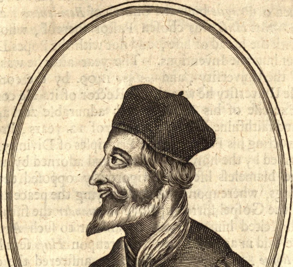 An illustration from The marrow of ecclesiastical history : contained in the lives of one hundred forty eight fathers, schoolmen, first reformers, and modern divines which have flourished in the Church since Christ's time to this present age : faithfully collected and orderly disposed according to the centuries wherein they lived : together with the lively effigies of most of the eminentest of them cut in copper, 1654, leaf 240