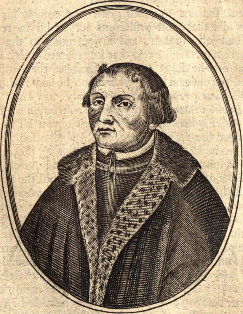 An illustration from The marrow of ecclesiastical history : contained in the lives of one hundred forty eight fathers, schoolmen, first reformers, and modern divines which have flourished in the Church since Christ's time to this present age : faithfully collected and orderly disposed according to the centuries wherein they lived : together with the lively effigies of most of the eminentest of them cut in copper, 1654, leaf 253