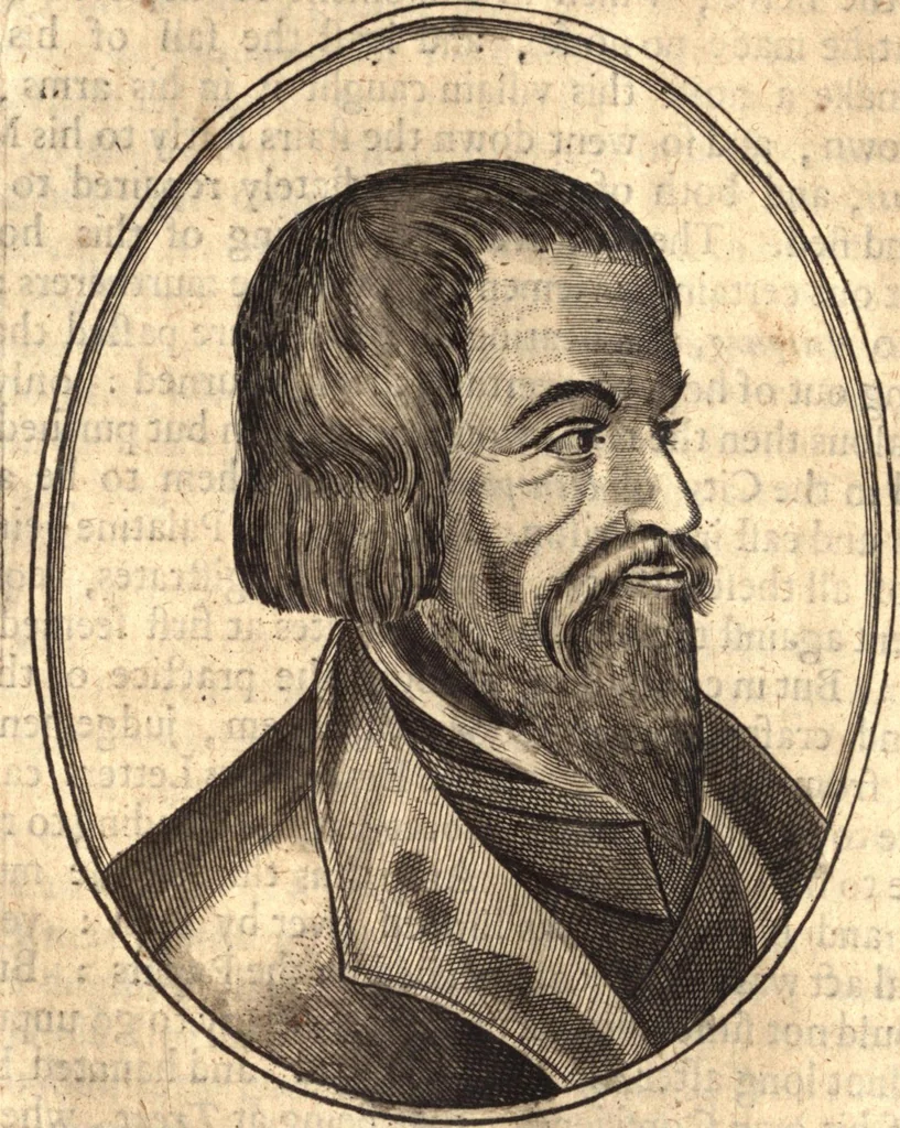An illustration from The marrow of ecclesiastical history : contained in the lives of one hundred forty eight fathers, schoolmen, first reformers, and modern divines which have flourished in the Church since Christ's time to this present age : faithfully collected and orderly disposed according to the centuries wherein they lived : together with the lively effigies of most of the eminentest of them cut in copper, 1654, leaf 347